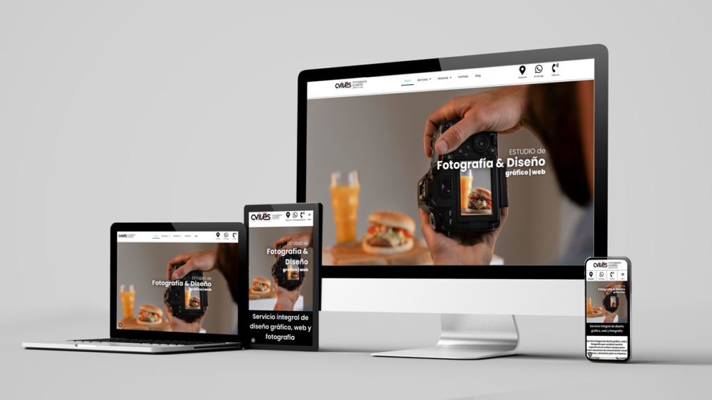 Web responsive mostrada en ordenador, tablet y móvil
